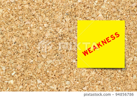 Yellow note paper with word weakness on cork board background with copy space Yellow note paper with word weakness on cork board background with copy space 94856786