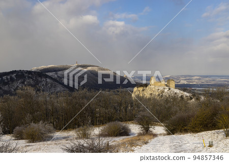 Palava winter landscape with Sirotci hradek ruins, Southern Moravia, Czech Republic Palava winter landscape with Sirotci hradek ruins, Southern Moravia, Czech Republic 94857346