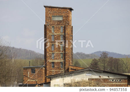Red Tower of Death, UNESCO site with inscription in Czech language "Ruda vez smrti" a national monument in Dolni Zdar near Ostrov, Western Bohemia, Czech Republic 94857358