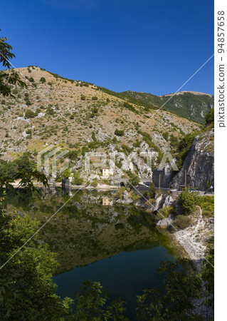 Lake San Domenico with Eremo di San Domenico near Scanno, Province of L'Aquila, region of Abruzzo, Italy Lake San Domenico with Eremo di San Domenico near Scanno, Province of L'Aquila, region of Abruzzo, Italy 94857658