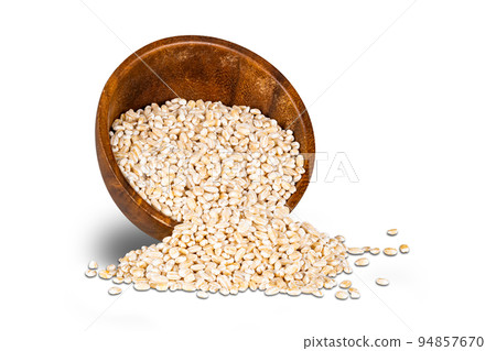 Pile of harvested dried pearl barley seeds in falling wooden bow. 94857670