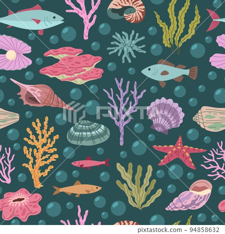 Tropical seashell seamless pattern. Ocean beach color objects, mineral underwater elements, fish and starfish, seaweed and corals. Wrapping paper, marine textile print, tidy vector background Tropical seashell seamless pattern. Ocean beach color objects, mineral underwater elements, fish and starfish, seaweed and corals. Wrapping paper, marine textile print, tidy vector background 94858632