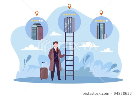 Selection, hotel booking, web platform for business people. Real estate application. hostel and apartments rating, tourist service. Reservation app. Man with luggage. Vector cartoon concept Selection, hotel booking, web platform for business people. Real estate application. hostel and apartments rating, tourist service. Reservation app. Man with luggage. Vector cartoon concept 94858633