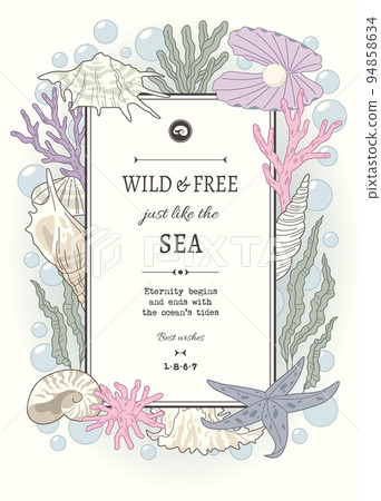 Seashell gentle frame. Underwater tropical shells, starfish and colorful seaweed, marine mineral objects, delicate color scheme, vertical card or poster with copy space, tidy vector concept Seashell gentle frame. Underwater tropical shells, starfish and colorful seaweed, marine mineral objects, delicate color scheme, vertical card or poster with copy space, tidy vector concept 94858634