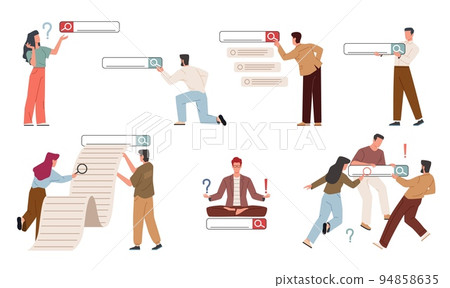 Search bars and people. Data personalization, refinement, interface users, browsing information, seo discovery concept. Characters look for and find query in web browser, nowaday vector set Search bars and people. Data personalization, refinement, interface users, browsing information, seo discovery concept. Characters look for and find query in web browser, nowaday vector set 94858635