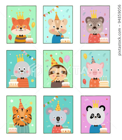 Farm animal birthday posters, celebrate holiday party, children characters in festive cap with cake, confetti and gerland. Greeting cards. Baby shower. Sloth fox and pig. Vector cartoon illustration Farm animal birthday posters, celebrate holiday party, children characters in festive cap with cake, confetti and gerland. Greeting cards. Baby shower. Sloth fox and pig. Vector cartoon illustration 94859056