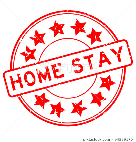 Grunge red home stay word with star icon round rubber seal stamp on white background 94859170