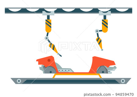 Factory assembly line. Industry robot arm assemble car on conveyor belt. Automobile factory with automated manufacture. Vehicle production process with innovative equipment. Robotic automotive Factory assembly line. Industry robot arm assemble car on conveyor belt. Automobile factory with automated manufacture. Vehicle production process with innovative equipment. Robotic automotive 94859470