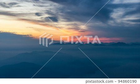 Canadian Mountain Landscape on the West Coast of Pacific Ocean. Dramatic Sunset and Hazy Smoky Sky 94860190
