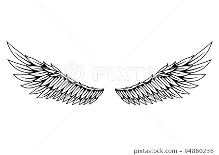Vintage heraldic wings sketch. Monochrome stylized birds wings. Hand drawn contoured stiker wing in open position. Design elements in coloring style Vintage heraldic wings sketch. Monochrome stylized birds wings. Hand drawn contoured stiker wing in open position. Design elements in coloring style 94860236