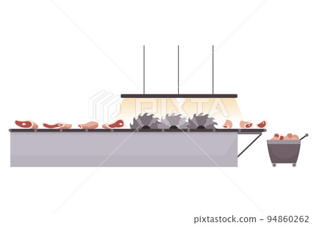 Meat factory processing plant. Flat composition with factory kitchen equipment. Food industry concept elements. Industrial equipment to produce food for sale Meat factory processing plant. Flat composition with factory kitchen equipment. Food industry concept elements. Industrial equipment to produce food for sale 94860262