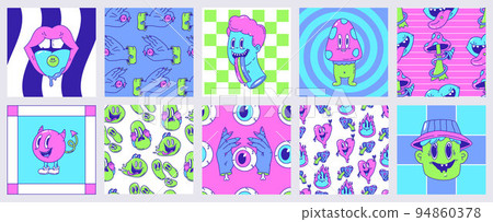 Trippy psychedelic art 70s surreal design. Weird bright seamless pattern, unusual characters posters. Acid neon elements, snugly mushroom and skull vector cards 94860378
