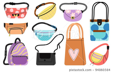 Modern fashion funny bag. Women purse, ladies handbag and backpack. Waist bags for girls, stylish accessories model. Decent vector trendy elements 94860384