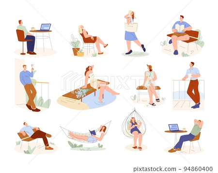 People outdoor relax. Adventure alone, seaside activities for female and male. Person contemplative nature, fun peaceful summer kicky vector scene 94860400