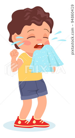 Ill child. Kids illnesses. Injuries and ailments. Sneezing boy blowing nose into handkerchief. Cold infection and allergy. Virus symptom. Crying baby. Snot and cough. Vector illustration Ill child. Kids illnesses. Injuries and ailments. Sneezing boy blowing nose into handkerchief. Cold infection and allergy. Virus symptom. Crying baby. Snot and cough. Vector illustration 94860419