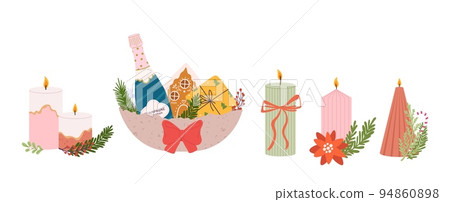 Christmas candles compositions. Champagne bottle and fir tree branches, wax decorative candle, red bow and gift with gingerbread vector set 94860898