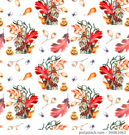 Colorful Halloween seamless pattern of cute house watercolor isolated on white. Colorful Halloween seamless pattern of cute house watercolor isolated on white. 94861063