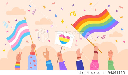 Hands hold lgbt flags. Pride month or gay parade, hand people group holding rainbow sign and placard with lgbtq symbol transgender community march proud cartoon vector illustration Hands hold lgbt flags. Pride month or gay parade, hand people group holding rainbow sign and placard with lgbtq symbol transgender community march proud cartoon vector illustration 94861113