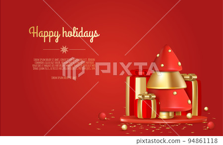 Christmas background. Design with realistic Christmas tree, gift box, snowflakes, balls. Festive composition Christmas background. Design with realistic Christmas tree, gift box, snowflakes, balls. Festive composition 94861118