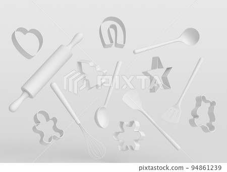 Wooden kitchen utensils and cookie cutters on monochrome background 94861239
