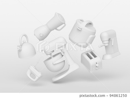 Kitchen appliances and utensils for making breakfast on monochrome background Kitchen appliances and utensils for making breakfast on monochrome background 94861250