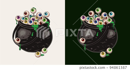 Witches cauldron full of human eyeballs in vintage style Single colorful eyeballs with drops of green goo, snot or slime Witches cauldron full of human eyeballs in vintage style Single colorful eyeballs with drops of green goo, snot or slime 94861387