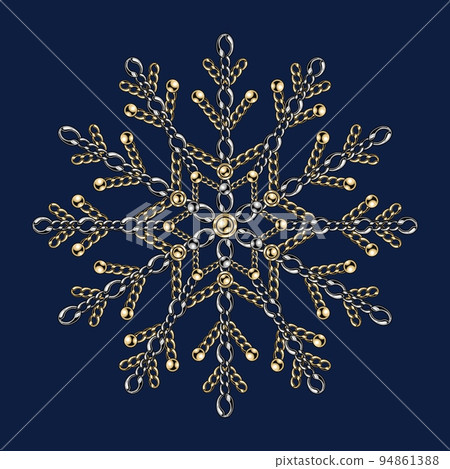 Fancy snowflake made of jewelry gold and silver chains with shiny ball beads. Fancy snowflake made of jewelry gold and silver chains with shiny ball beads. 94861388