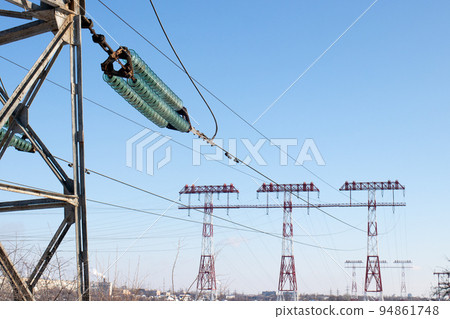 High Voltage electric Pole, wiring electric power on steel tower. Electric Power Transmission Infrastructure, Highest voltage transmission. Electric wires. High Voltage electric Pole, wiring electric power on steel tower. Electric Power Transmission Infrastructure, Highest voltage transmission. Electric wires. 94861748
