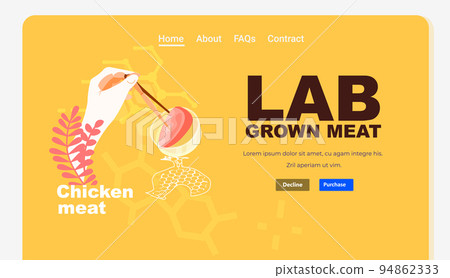scientist hands analyzing dna of cultured red raw chicken meat made from animal cells artificial lab grown meat production 94862333