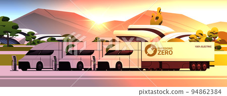 electric semi-trucks charging battery vehicles at recharging power station charger EV management zero emissions transport 94862384