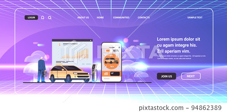 businessman charging electric car in mobile app battery vehicle at recharging power station charger EV management businessman charging electric car in mobile app battery vehicle at recharging power station charger EV management 94862389