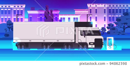 electric semi-truck charging battery vehicle at recharging power station charger EV management zero emissions transport 94862398