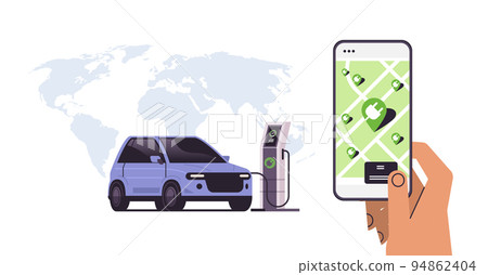 human hand charging electric car in mobile app battery vehicle at recharging power station charger EV management zero emission 94862404