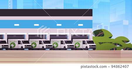 electric cargo vans charging battery vehicles at recharging power station charger EV management sustainable transport 94862407