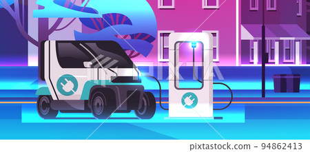 electric smart city car charging battery vehicle at recharging power station charger EV management sustainable transport 94862413