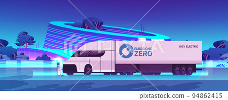 electric semi-truck charging battery vehicle at recharging power station charger EV management zero emissions transport electric semi-truck charging battery vehicle at recharging power station charger EV management zero emissions transport 94862415