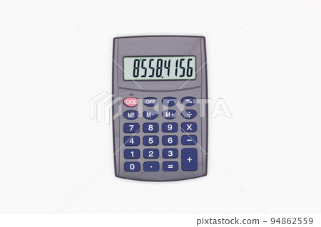Calculator with blue buttons with numbers on the digital screen on a white background. Isolated. Solar powered financial calculator. Electronic machine for math. Business office supplies. Close-Up Calculator with blue buttons with numbers on the digital screen on a white background. Isolated. Solar powered financial calculator. Electronic machine for math. Business office supplies. Close-Up 94862559