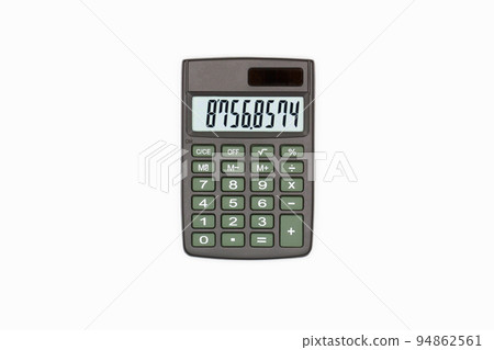 Calculator with brown buttons with numbers on the digital screen on a white background. Isolated. Solar powered financial calculator. Electronic machine for math. Business office supplies. Close-Up Calculator with brown buttons with numbers on the digital screen on a white background. Isolated. Solar powered financial calculator. Electronic machine for math. Business office supplies. Close-Up 94862561