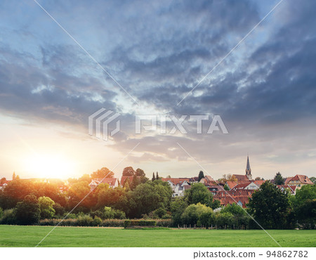 Freiberg am Neckar On the Sunset. Small European town in Baden Wurttemberg, Germany, Europe. Nekar river, southwestern Germany 94862782