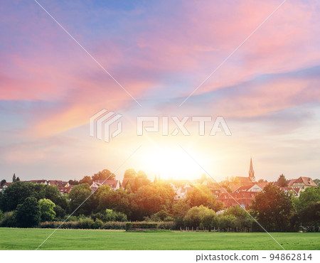 Freiberg am Neckar On the Sunset. Small European town in Baden Wurttemberg, Germany, Europe. Nekar river, southwestern Germany 94862814