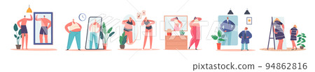 Set Male And Female Characters With Distorted Inadequate Perception. Skinny And Fat Men Or Women Look At Mirror Set Male And Female Characters With Distorted Inadequate Perception. Skinny And Fat Men Or Women Look At Mirror 94862816