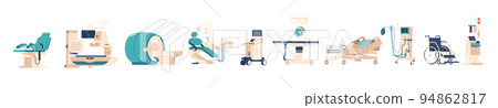 Set of Medical Equipment Artificial Respiration Apparatus, Dentist and Surgery Couch, Wheelchair, MRI Clinic Technics Set of Medical Equipment Artificial Respiration Apparatus, Dentist and Surgery Couch, Wheelchair, MRI Clinic Technics 94862817