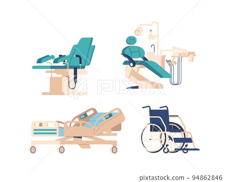 Set of Medical Equipment and Apparatuses, Dentist Couch and Gynecological Chair, Wheelchair Clinic and Hospital Devices 94862846