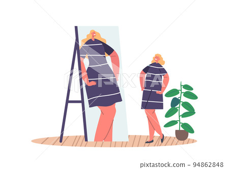 High Self-esteem Inadequate Perception Concept. Confident Woman With Distorted Self-perception Looking In Mirror High Self-esteem Inadequate Perception Concept. Confident Woman With Distorted Self-perception Looking In Mirror 94862848
