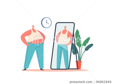 Fat Man Look At Mirror Reflection And Dreaming To Be Beautiful Confident Male Character. Distorted Perception Concept Fat Man Look At Mirror Reflection And Dreaming To Be Beautiful Confident Male Character. Distorted Perception Concept 94862849