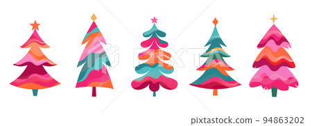 Colorful Retro Christmas Trees Collection for New Year 2023 94863202