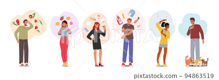 Allergy Diagnosis Concept, Male And Female Allergic Characters With Reaction On Flowers, Medicine, Seasonal Pollen, Cats 94863519