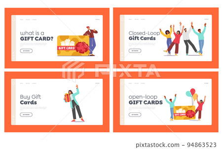 Happy People Shopping with Gift Card Landing Page Template Set. Male and Female Characters Buying Things and Presents 94863523