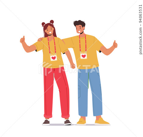 Happy Volunteers Team Male And Female Characters From Social Charity Service Stand Together. Smiling Joyful People 94863531