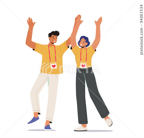 Happy Volunteers Team Rejoice Together. United People From Donation Community, Social Charity Or Volunteering Service 94863534